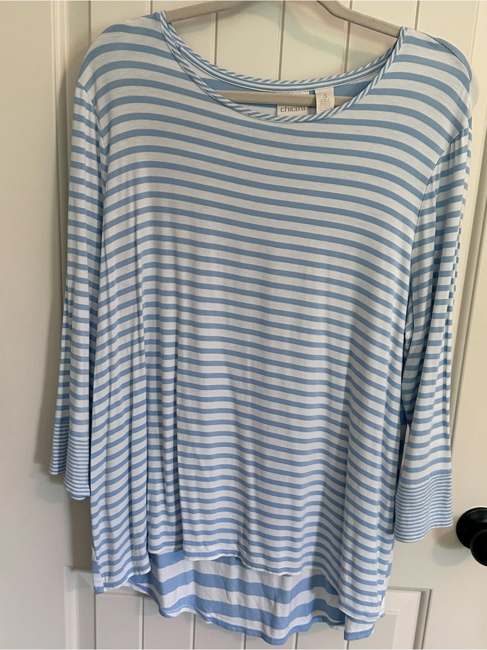 Chico’s Striped Tunic Top Size 3 XL Blue White High Low 3/4 Sleeve